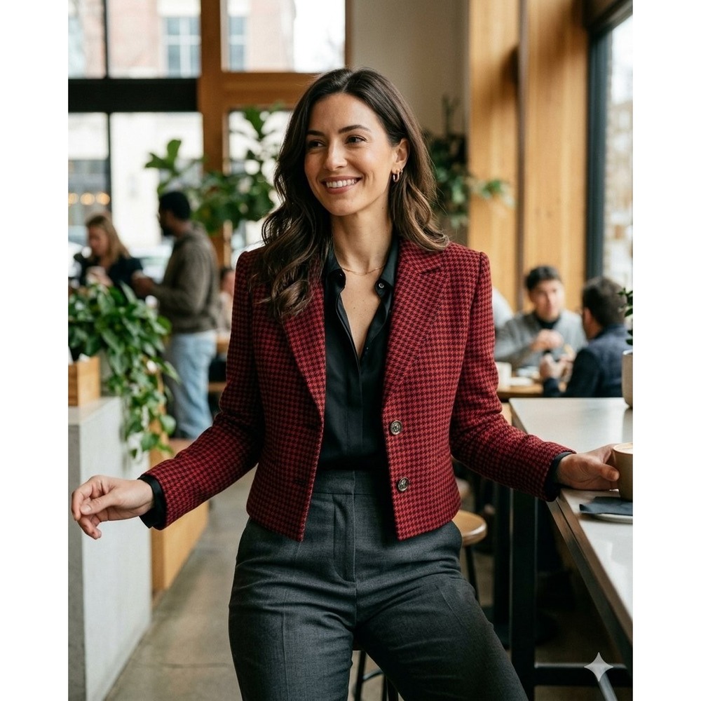 Chadwick's Women 2P Red Black Houndstooth Blazer Petite Career Office Classic